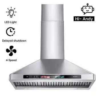 Walmart BRANO 30 Inch Wall Mount Range Hood Stainless Steel Hood, 900 CFM, Voice Control, 4-Speed offer