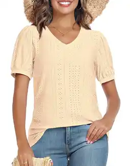 Walmart DreamFish Women's Tops Summer V Neck Tops Puffy Short Sleeve Tunic Casual Eyelet Top offer