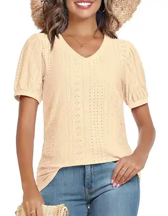 Walmart DreamFish Women's Tops Summer V Neck Tops Puffy Short Sleeve Tunic Casual Eyelet Top offer