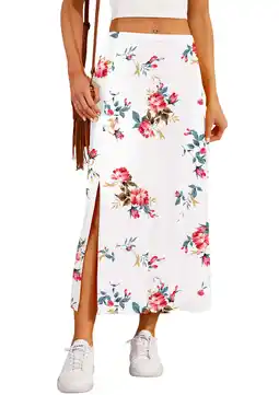 Walmart Asklazy Women's Casual Elegant Elastic High Waist Side Split Floral Lilies Midi Skirt offer