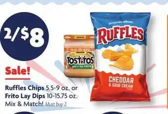 Family Dollar Ruffles Chips 5.5-9 oz. or Frito Lay Dips 10-15.75 oz offer