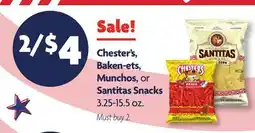 Family Dollar Chester's, Baken-ets, Munchos, or Santitas Snacks offer