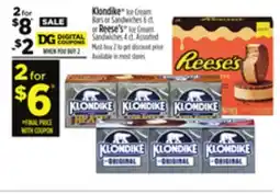 Dollar General Klondike Ice Cream Bars or Sandwiches 6 ct. or Reese's Ice Cream Sandwiches 4 ct offer