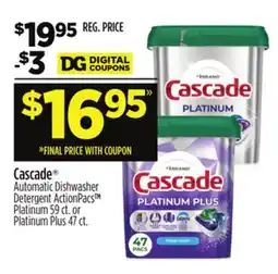 Dollar General Cascade Automatic Dishwasher Detergent ActionPacs Platinum 59 ct. or Platinum Plus 47 ct offer