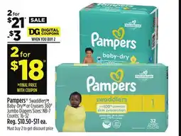 Dollar General Pampers Swaddlers, Baby-Dry or Cruisers 360° Jumbo Diapers offer