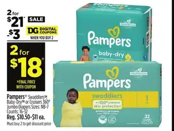 Dollar General Pampers Swaddlers, Baby-Dry or Cruisers 360° Jumbo Diapers offer