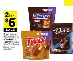 Dollar General Dove Promises Milk Chocolate 4.5 oz. or Snickers or Twix Minis Treating Size 5-5.1 oz offer
