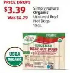 Aldi Simply nature organic uncured beef hot dogs offer
