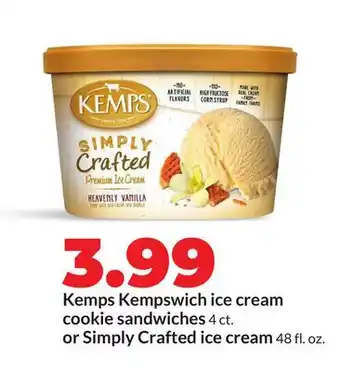 Hy-Vee Kemps Kempswich ice cream cookie sandwiches 4 ct. or Simply Crafted ice cream 48 fl. oz offer