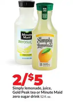Hy-Vee Simply lemonade, juice, Gold Peak tea or Minute Maid zero sugar drink offer