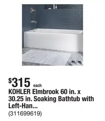 The Home Depot KOHLER Elmbrook 60 in. x 30.25 in. Soaking Bathtub with Left-Hand Drain in White offer