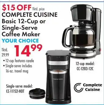 Boscov's COMPLETE CUISINE Basic 12-Cup or Single-Serve Coffee Maker offer