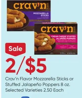Stater Bros Crav'n Flavor Mozzarella Sticks or Stuffed Jalapeño Poppers offer