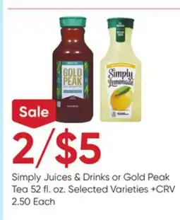 Stater Bros Simply Juices & Drinks or Gold Peak Tea offer