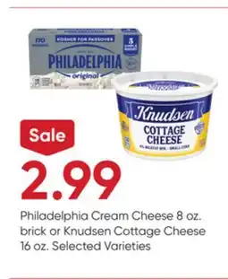 Stater Bros Philadelphia Cream Cheese 8 oz. brick or Knudsen Cottage Cheese 16 oz offer