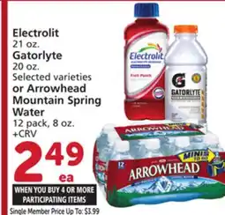 Vons Electrolit 21 oz. Gatorlyte 20 oz. or Arrowhead Mountain Spring Water 12 pack, 8 oz offer
