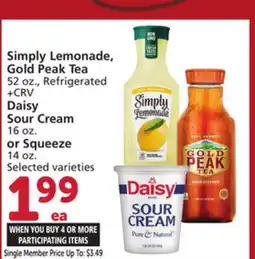 Vons Simply Lemonade, Gold Peak Tea 52 oz., Refrigerated Daisy Sour Cream 16 oz. or Squeeze 14 oz offer