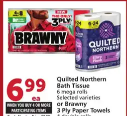 Vons Quilted Northern Bath Tissue 6 mega rolls Selected varieties or Brawny 3 Ply Paper Towels offer