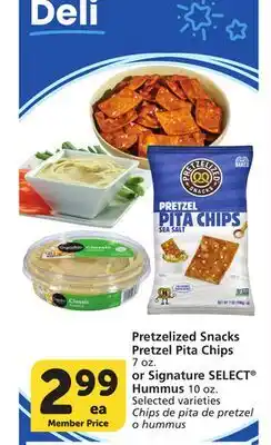 Albertsons Pretzelized Snacks Pretzel Pita Chips 7 oz. or Signature SELECT Hummus 10 oz offer