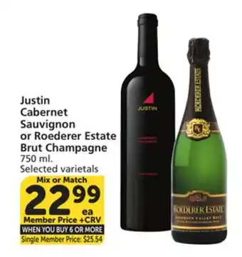 Albertsons Justin Cabernet Sauvignon or Roederer Estate Brut Champagne offer