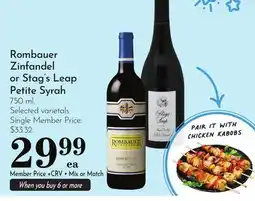 Pavilions Rombauer Zinfandel or Stag's Leap Petite Syrah offer