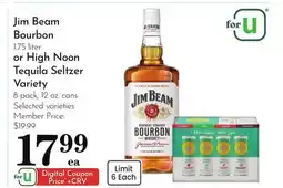 Pavilions Jim Beam Bourbon 1.75 liter or High Noon Tequila Seltzer Variety 8 pack, 12 oz. cans offer