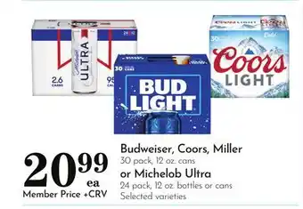Pavilions Budweiser, Coors, Miller 30 pack, 12 oz. cans or Michelob Ultra 24 pack, 12 oz. bottles or cans offer