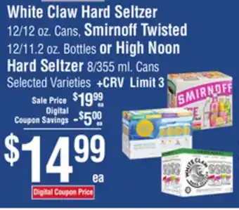 Smart & Final White Claw Hard Seltzer, Smirnoff Twisted or High Noon Hard Seltzer offer