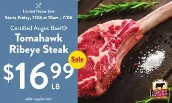 Fresh Thyme Certified Angus Beef Tomahawk Ribeye Steak offer