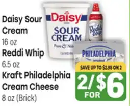Tony’s Fresh Market Daisy Sour Cream 16 oz, Reddi Whip 6.5 oz, Kraft Philadelphia Cream Cheese 8 oz (Brick) offer