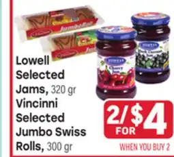 Tony’s Fresh Market Lowell Selected Jams, 320 gr, Vincinni Selected Jumbo Swiss Rolls, 300 gr offer
