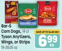 Tony’s Fresh Market Bar-S Corn Dogs, 14 ct, Tyson Anytizers, Wings, or Strips offer