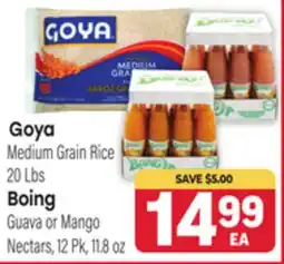 Tony’s Fresh Market Goya Medium Grain Rice 20 Lbs, Boing Guava or Mango Nectars, 12 Pk, 11.8 oz offer