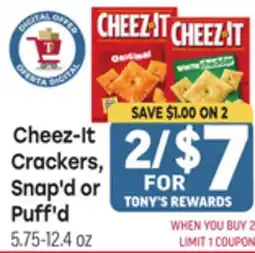 Tony’s Fresh Market Cheez-It Crackers, Snap'd or Puff'd offer