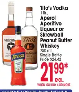 Jewel-Osco Tito's Vodka 1 ltr., Aperol Aperitivo Liqueur or Skrewball Peanut Butter Whiskey offer