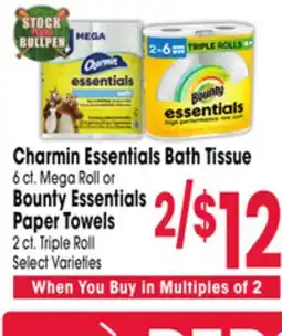 Jewel-Osco Charmin Essentials Bath Tissue 6 ct. Mega Roll or Bounty Essentials Paper Towels 2 ct. Triple Roll offer