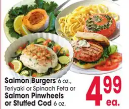 Jewel-Osco Salmon Burgers 6 oz., Teriyaki or Spinach Feta or Salmon Pinwheels or Stuffed Cod 6 oz offer