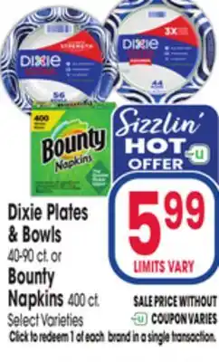 Jewel-Osco Dixie Plates & Bowls 40-90 ct. or Bounty Napkins 400 ct offer