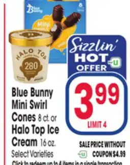 Jewel-Osco Blue Bunny Mini Swirl Cones 8 ct. or Halo Top Ice Cream 16 oz offer