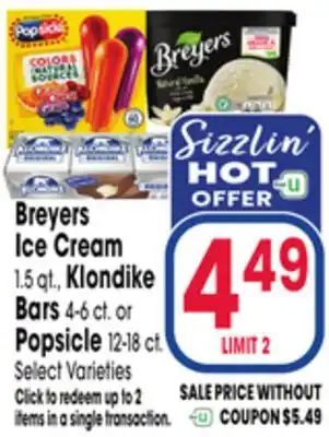 Jewel-Osco Breyers Ice Cream 1.5 qt., Klondike Bars 4-6 ct. or Popsicle 12-18 ct offer