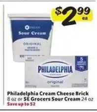 Winn Dixie Philadelphia Cream Cheese Brick or SE Grocers Sour Cream offer