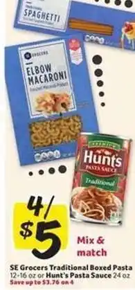 Winn Dixie SE Grocers Traditional Boxed Pasta or Hunt's Pasta Sauce offer
