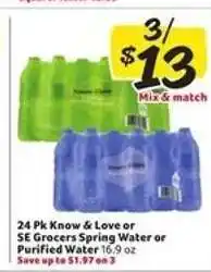 Winn Dixie 24 Pk Know & Love or SE Grocers Spring Water or Purified Water offer