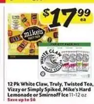 Winn Dixie 12 Pk White Claw, Truly, Twisted Tea, Vizzy or Simply Spiked, Mike's Hard Lemonade or Smirnoff Ice offer