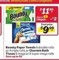Winn Dixie Bounty Paper Towels or Charmin Bath Tissue offer