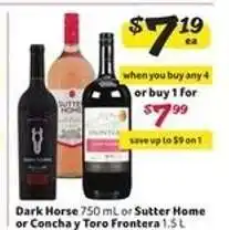 Winn Dixie Dark Horse 750 mL or Sutter Home or Concha y Toro Frontera 1.5 L offer