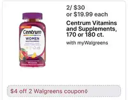 Walgreens Centrum Vitamins and Supplements, 170 or 180 ct offer