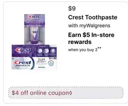 Walgreens Crest Toothpaste offer