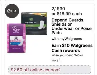 Walgreens Depend Guards, Shields or Underwear or Poise Pads offer