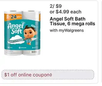 Walgreens Angel Soft Bath Tissue, 6 mega rolls offer